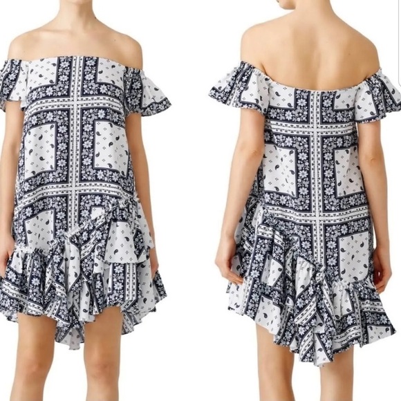 New! Cinq a Sept Minella Bandana-Print Patchwork Ruffle Dress 💙 size 4 - Picture 1 of 13